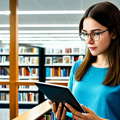 **

A woman in a brightly lit, modern library, fully clothed in modest casual attire, surrounded by open books and a tablet displaying news articles. She is thoughtfully examining the tablet. The background includes diverse books and people studying, reflecting a learning environment. "Safe for work", "appropriate content", "fully clothed", "educational", perfect anatomy, correct proportions, natural pose, high-resolution, digital illustration, family-friendly.

**
