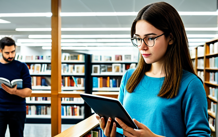 **

A woman in a brightly lit, modern library, fully clothed in modest casual attire, surrounded by open books and a tablet displaying news articles. She is thoughtfully examining the tablet. The background includes diverse books and people studying, reflecting a learning environment. "Safe for work", "appropriate content", "fully clothed", "educational", perfect anatomy, correct proportions, natural pose, high-resolution, digital illustration, family-friendly.

**