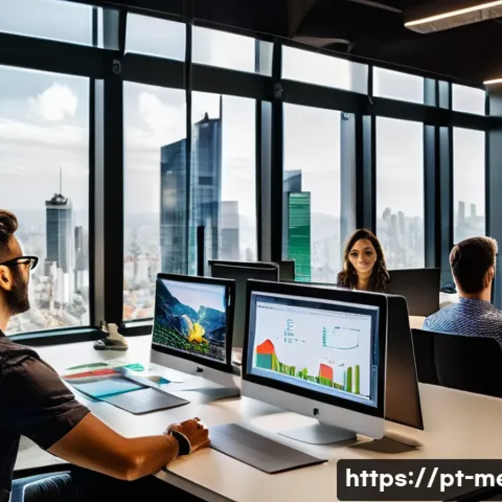 미디어와 PR 트렌드 분석 - A dynamic digital marketing team in a modern S&atilde;o Paulo office, collaborating around laptops and larg...