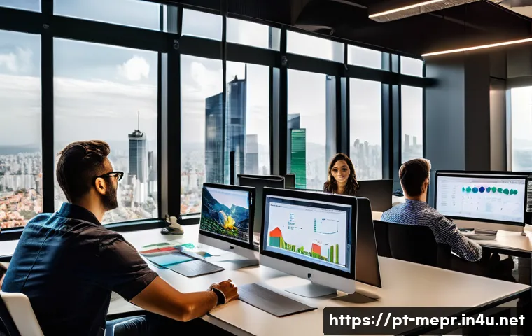 미디어와 PR 트렌드 분석 - A dynamic digital marketing team in a modern São Paulo office, collaborating around laptops and larg...