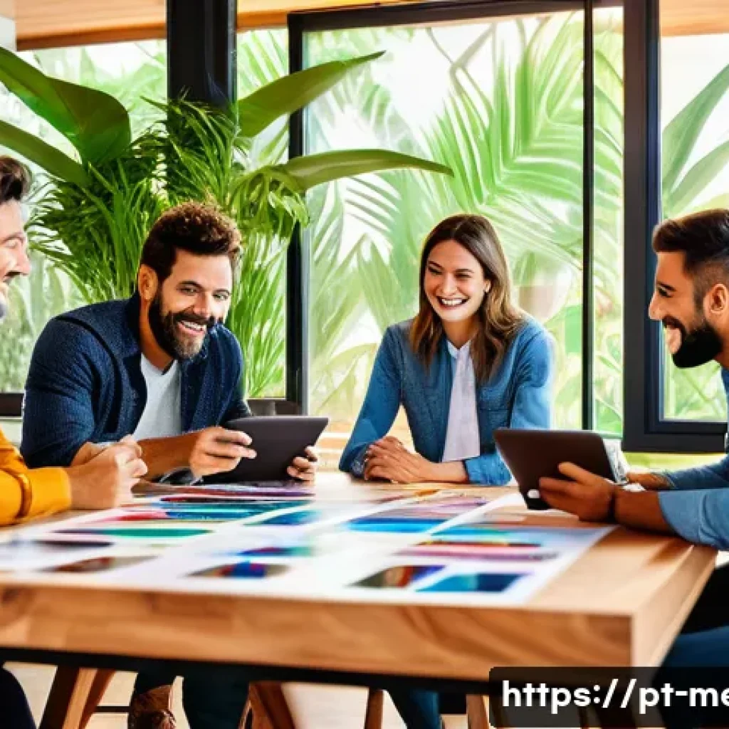 브랜드 PR과 스토리텔링 사례 - A vibrant and dynamic modern office scene showcasing a diverse Brazilian marketing team collaboratin...