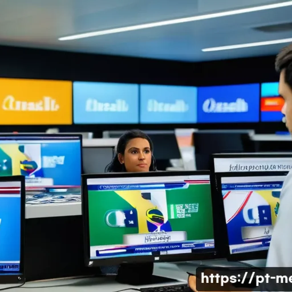 언론보도 프레이밍 이론 - A professional newsroom setting in Brazil, showing a diverse group of journalists at work with compu...