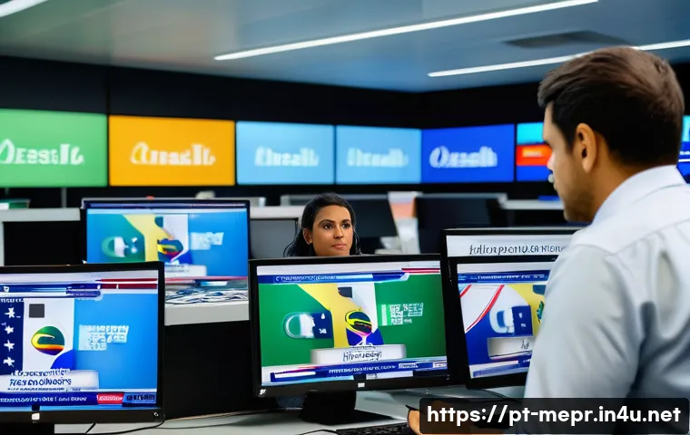 언론보도 프레이밍 이론 - A professional newsroom setting in Brazil, showing a diverse group of journalists at work with compu...