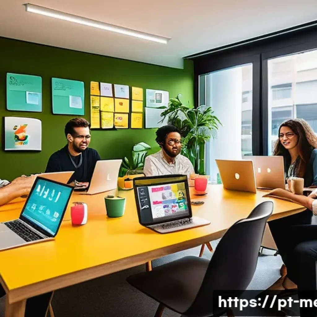 디지털 PR 사례 - A vibrant, modern office scene in São Paulo, Brazil, showing a diverse group of young professionals ...