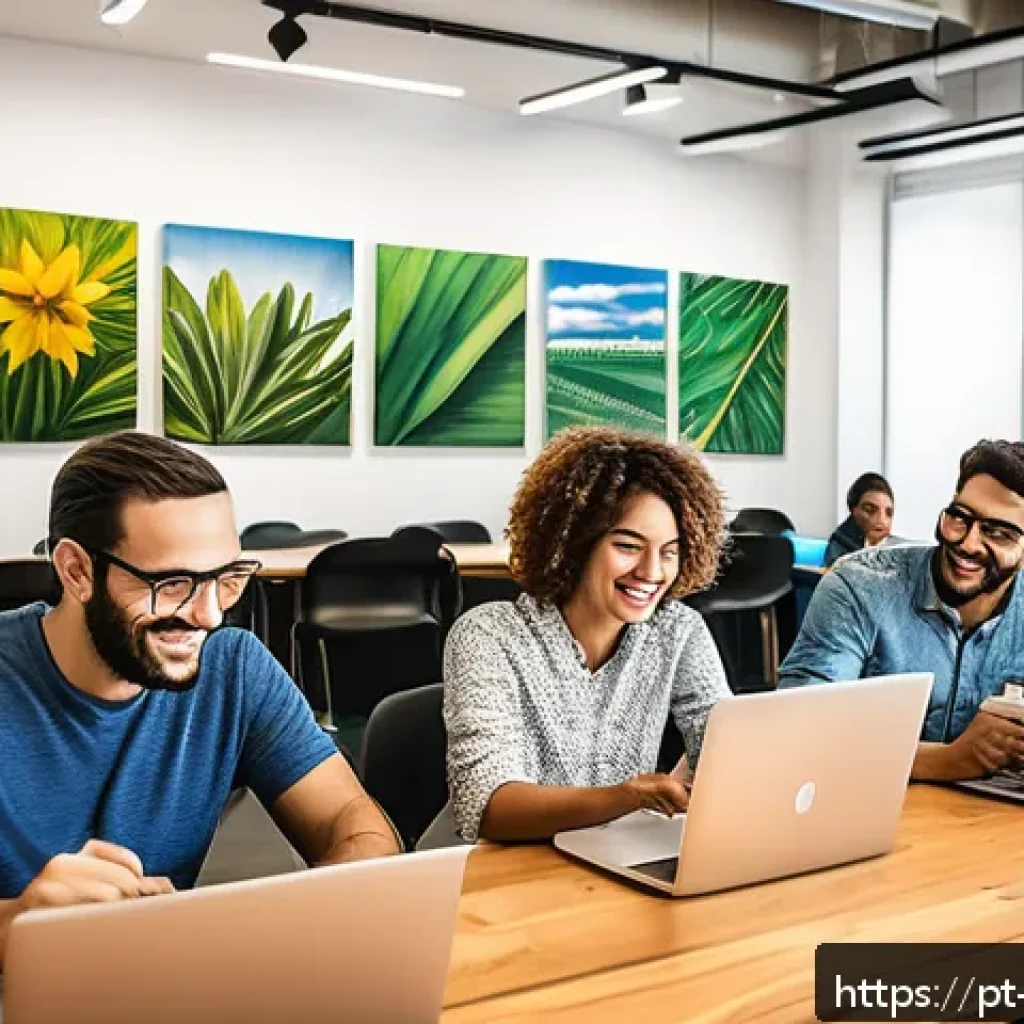 브랜드 저널리즘 - A vibrant, professional office environment in São Paulo, Brazil, showing diverse employees collabora...