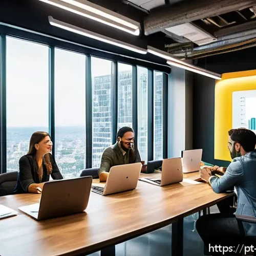 Home 31 미디어 퍼블리시티 전략 - A dynamic modern office scene featuring a diverse team of Brazilian marketing professionals collabor...