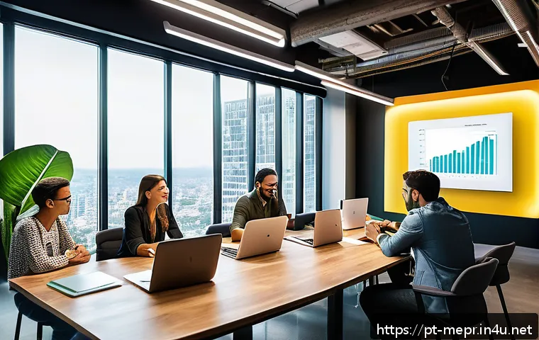 미디어 퍼블리시티 전략 - A dynamic modern office scene featuring a diverse team of Brazilian marketing professionals collabor...