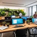 Home 18 홍보 전략 기획 프로세스 - A modern digital marketing workspace featuring a diverse Brazilian team of young professionals colla...