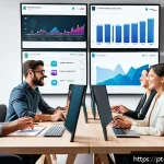Home 23 디지털 PR 도구 활용 - A modern digital marketing office scene featuring a diverse team of professionals analyzing real-tim...