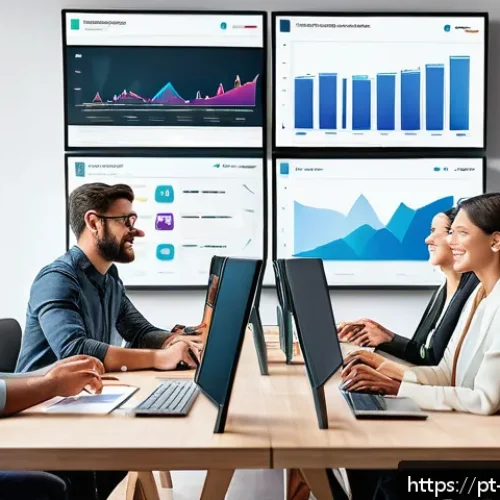 Home 17 디지털 PR 도구 활용 - A modern digital marketing office scene featuring a diverse team of professionals analyzing real-tim...