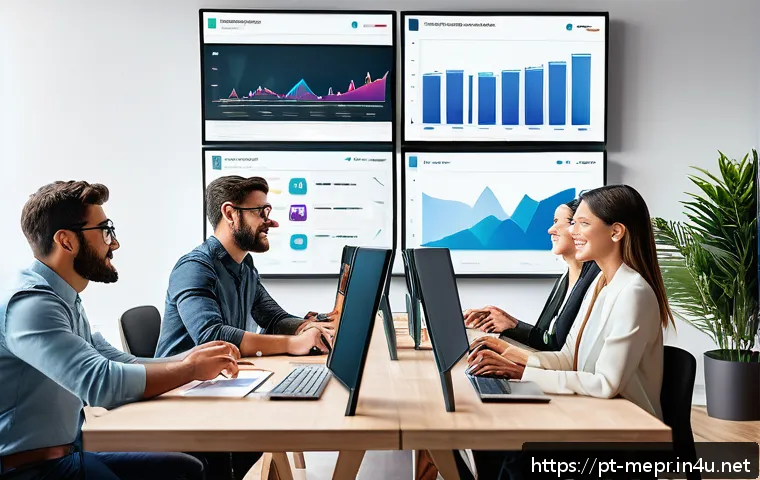 디지털 PR 도구 활용 - A modern digital marketing office scene featuring a diverse team of professionals analyzing real-tim...