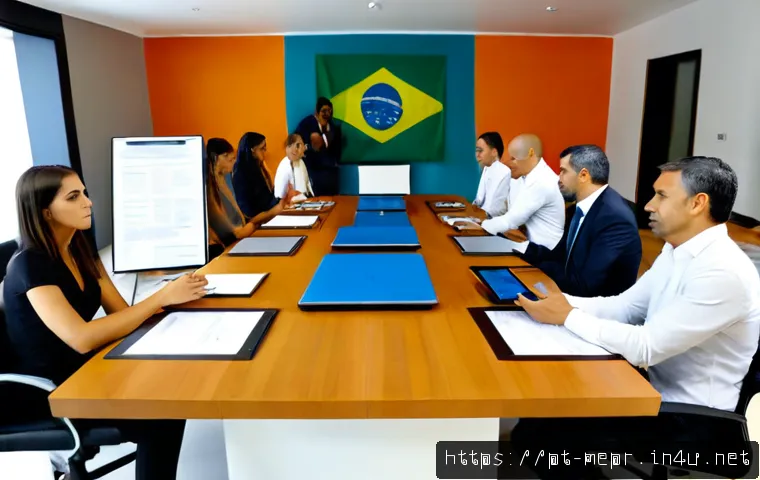 위기 대응 PR 사례 - Photorealistic corporate crisis response scene in a modern Brazilian office, diverse communications ...